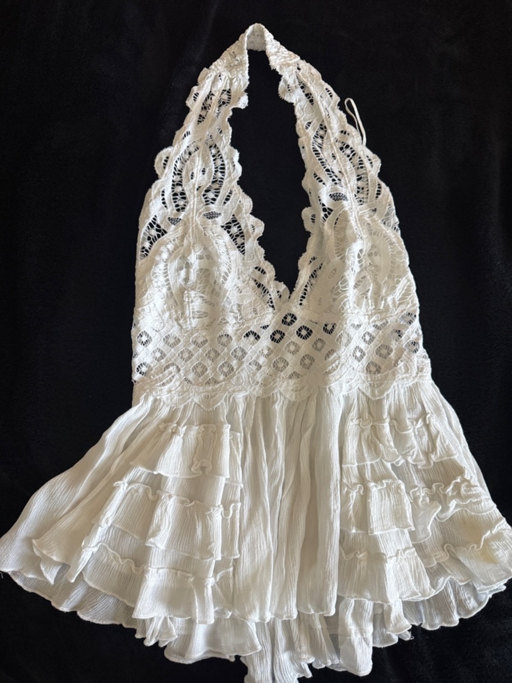 Free People White Crochet Halter Ruffled Babydoll Top